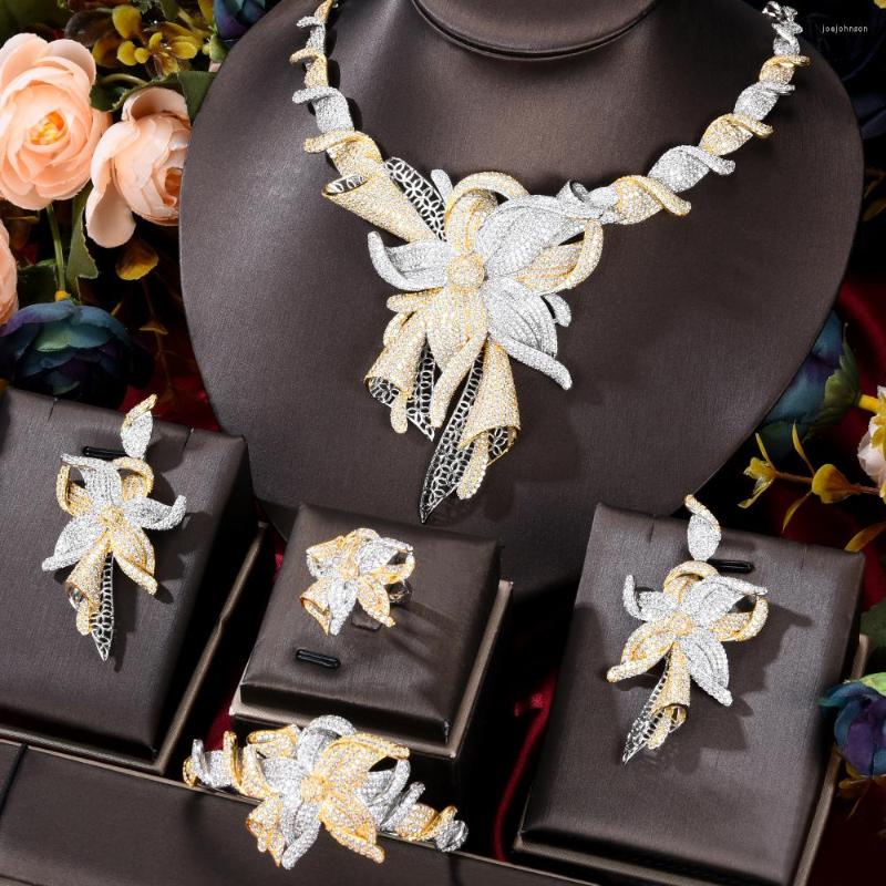 

Necklace Earrings Set Siscathy Nigerian Fashion Luxury Flower Zircon Wedding Jewelry For Women Elegant Party Dinner Dress Accessories, Picture shown