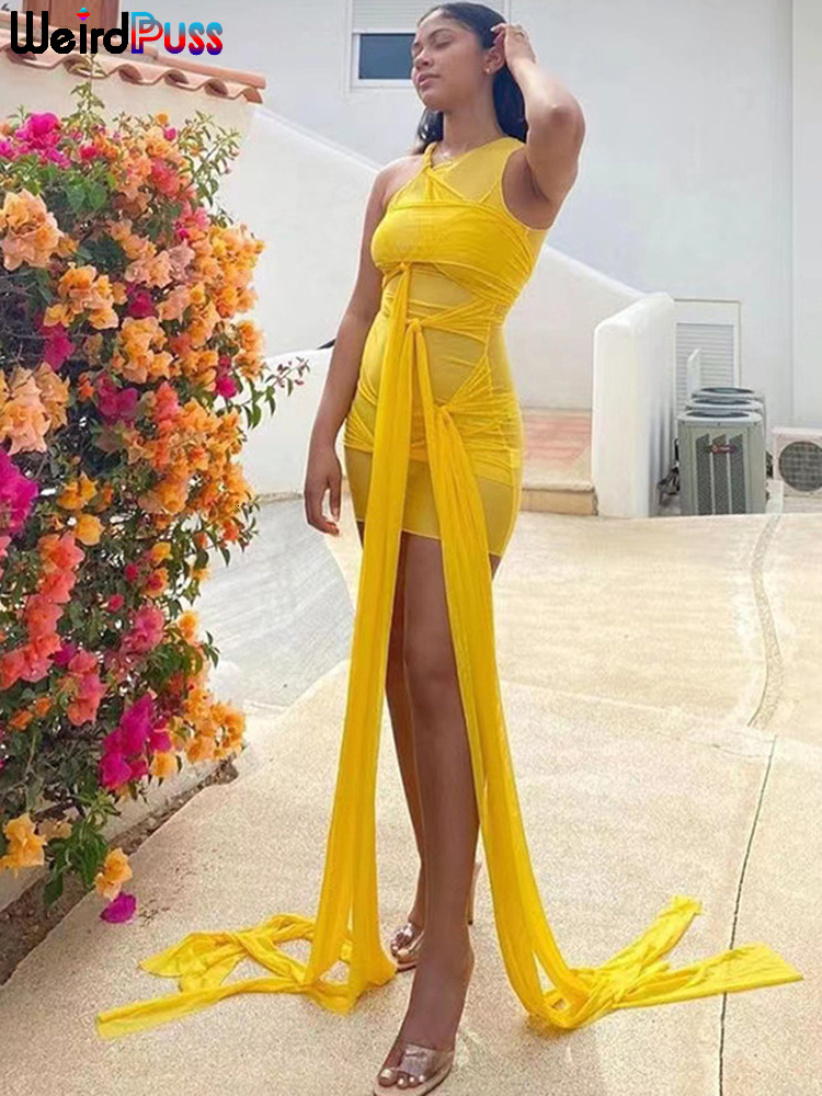 

Party Dresses Weird Puss Multilayer Mesh Women Dress Sexy Lace Up Sleeveless Sling Skinny Stretchy Summer Fashion Mini Bodycon Clubwear 230508, Orange