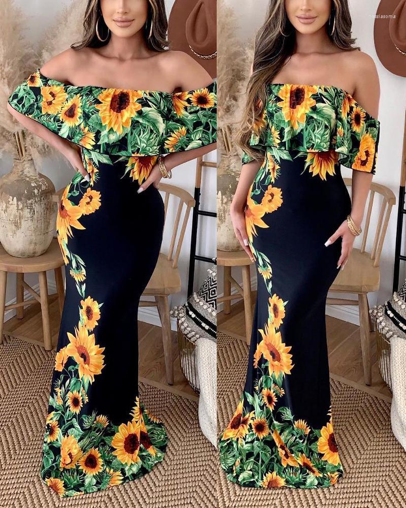 

Casual Dresses Sunflower Print Off Shoulder Ruffle Hem Mermaid Dress Women Slash Neck Long Maxi Slim Spring Summer Trumpet Party Evening, Black
