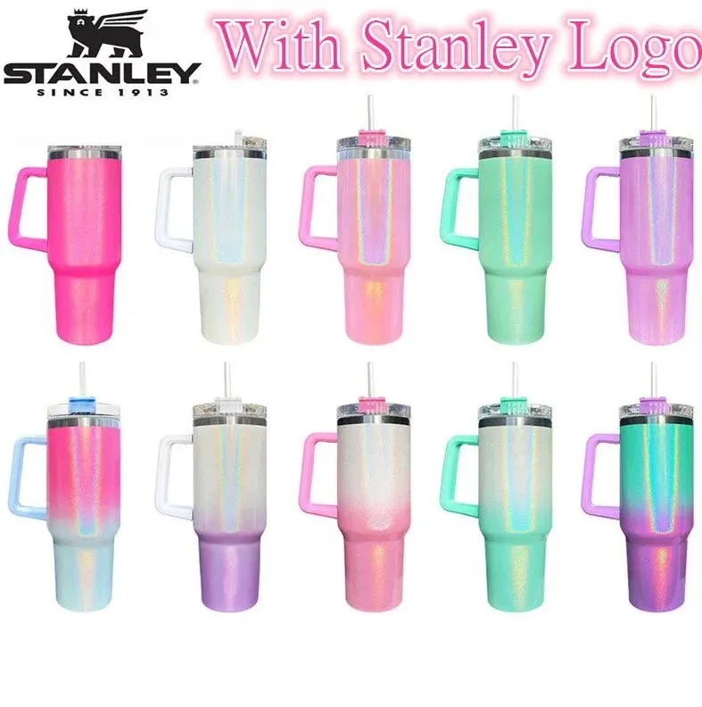 

Stanley 40oz glitter Car Mugs with Logo Handle and Straws Reusable Insulated Stainless Steel Sublimation Tumbler big capacity Water Bottles, Multi-color