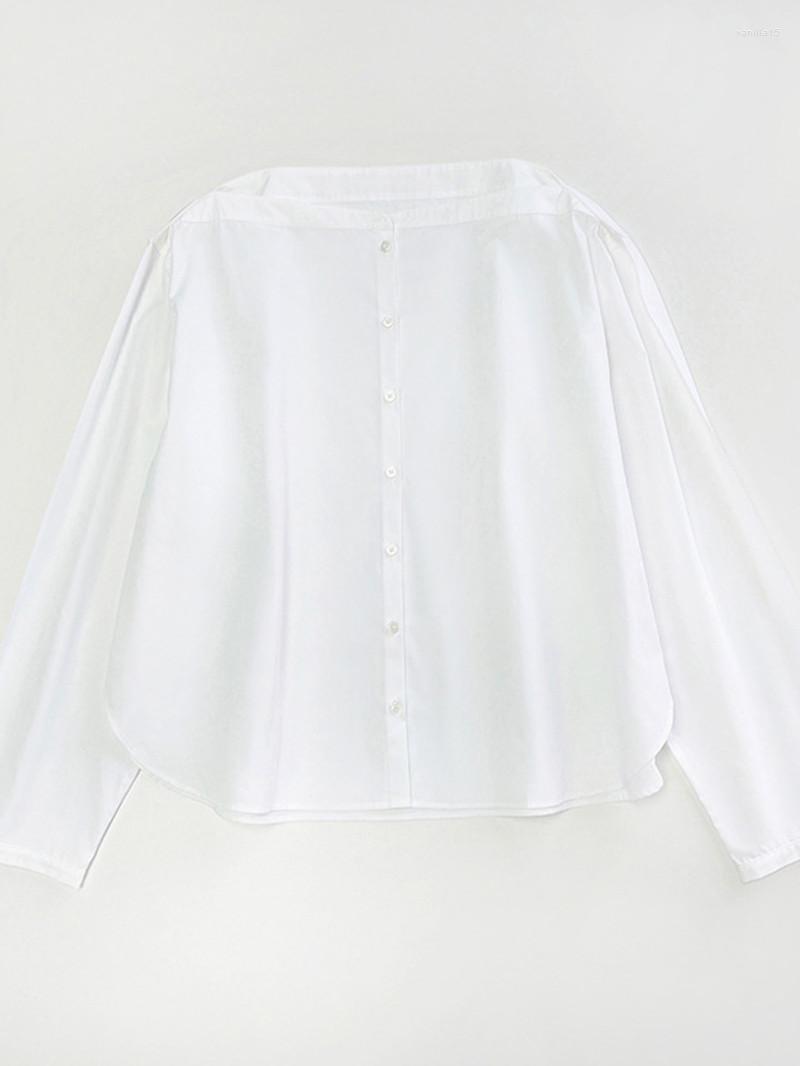 

Women's Blouses Women's Elegant White Shirt 2023 Summer Lady Loose Long-Sleeved Single-breasted Slash Neck Pleated Fashion Blouse