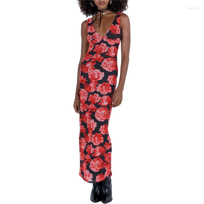 

Casual Dresses Women Floral 2023 Summer Fairycore Grunge V Neck Sleeveless Long Ladies Evening Party Clubwear, As photo shows