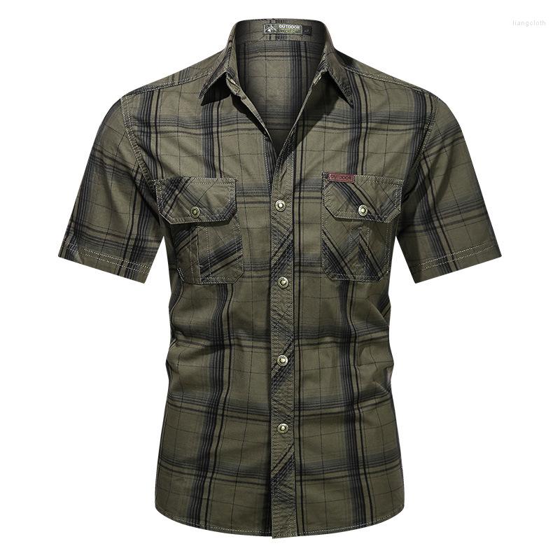 

Men's Casual Shirts Cotton Men Fashion Plaid Military Short-sleeve Tops Male Lapel Work Summer Blouses Plus Size 5XL, Dark blue
