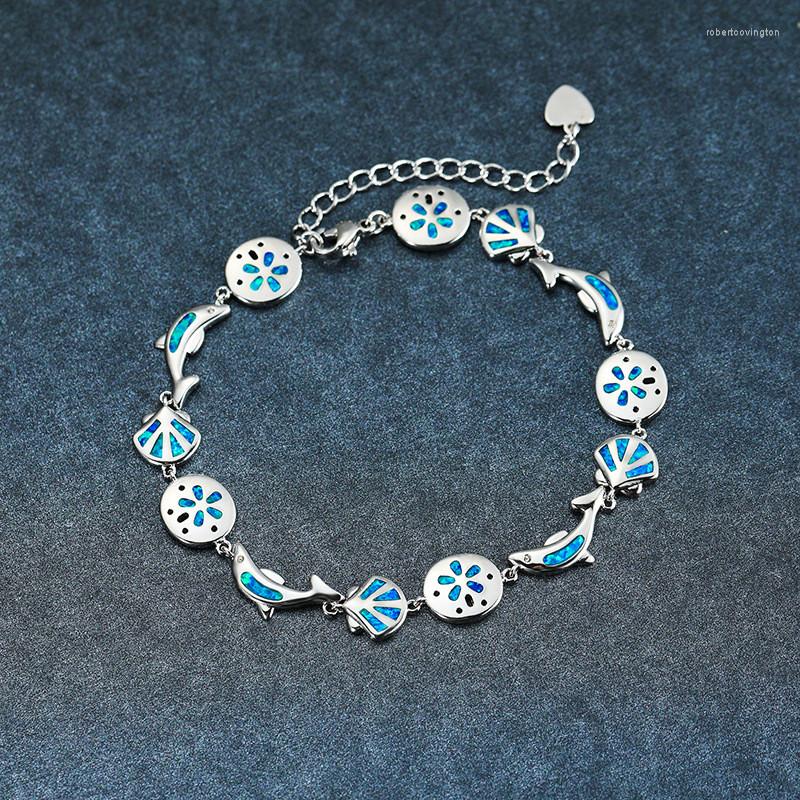 

Charm Bracelets Cute Shell Dolphin Flower Bracelet Female Luxury Blue Opal Silver Color Chain For Women Wedding Jewelry