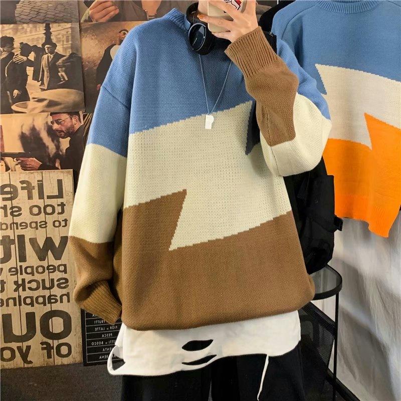 

Men's Jackets Japanese Autumn And Winter Sweater Color Matching Loose Round Neck Trend Knitted Men FashionMen's, Lightning grey