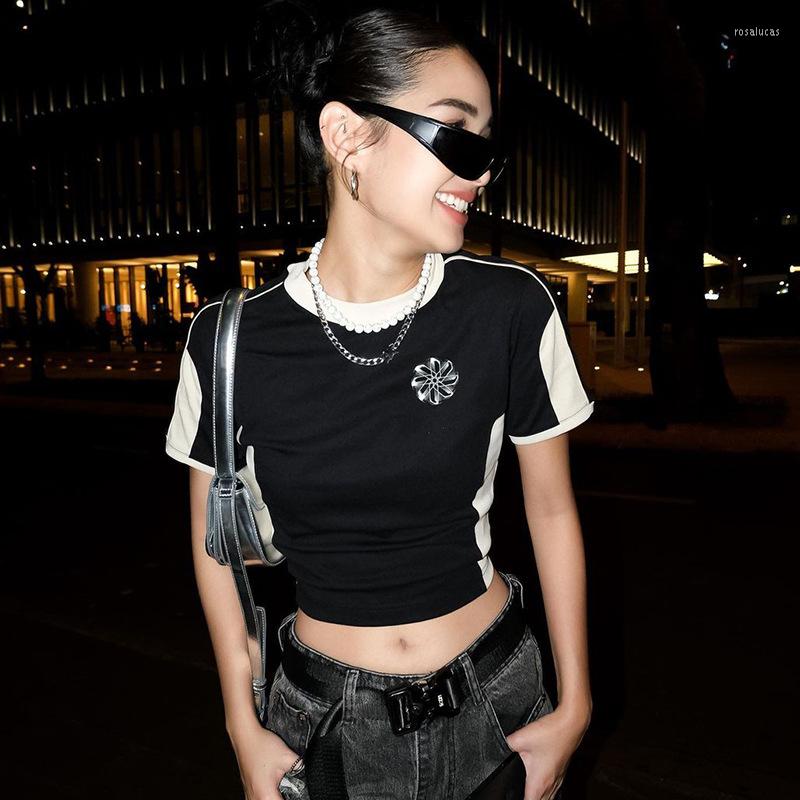 

Women's T Shirts Fashion Color Contrast Stitching Design Sense Round Neck Slim Spice Girl Short Sleeve T-shirt Top Women's Clothing, Black and white
