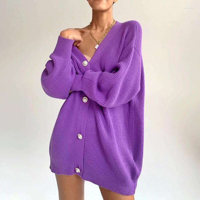 

Women' Knits Women Knitted Cardigans Sweater Pearl Buttons Loose Solid Long Sleeve V-Neck Oversize Outwear Spring Warm Female Top Purple, Green