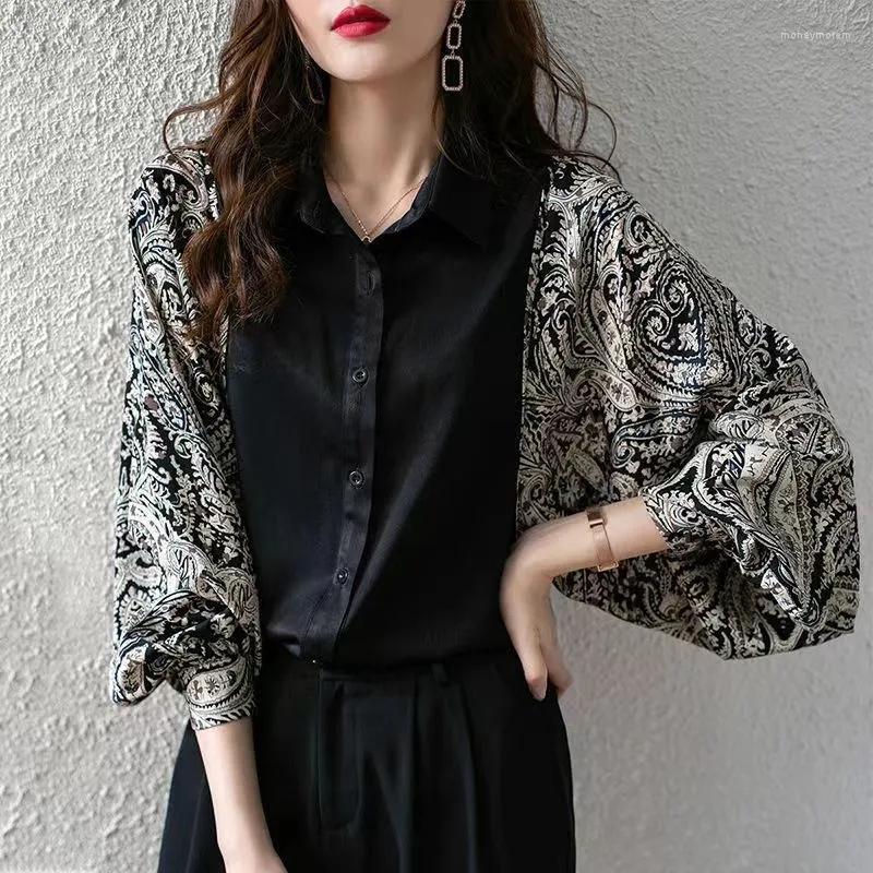 

Women's Blouses Chiffon Vintage Print Long Sleeve T-Shirt Women's Beautiful Blouse Casual Black Patchwork Loose Spring Autumn Korean