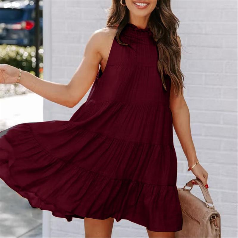 

Casual Dresses Womens Summer Large Swing Dress Loose Solid Color Ladies Sleeveless Layer Ruffle Beach Style Party Chic Sundress 2023, Red