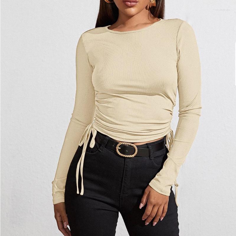 

Women's T Shirts 2023 Fashion Women's Autumn Round Neck Pleated Pullover Long-sleeved T-shirt Drawstring Slim Short Solid Color Casual, Apricot