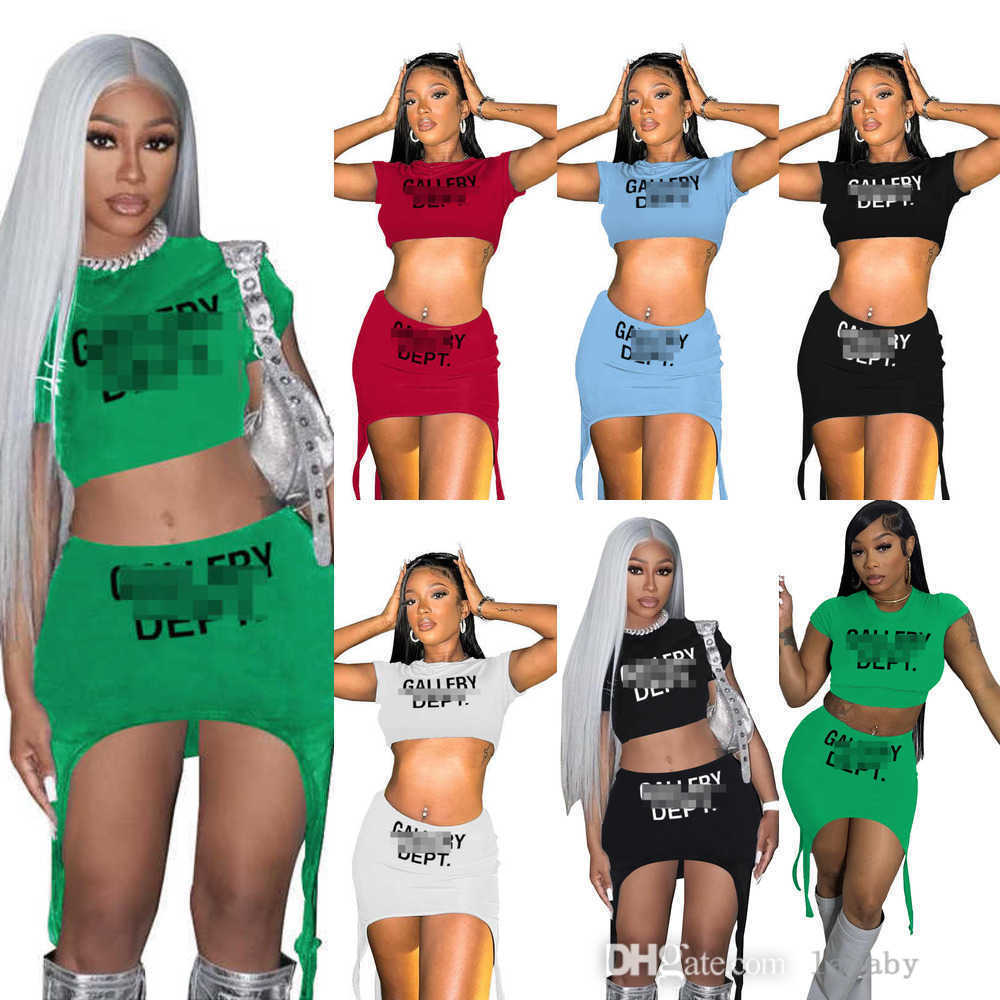 

2023 Summer Women Two Piece Dress Desinger Clothing Letter Print Round Neck Exposed Navel Short Sleeve Irregular Half Skirt Set, Sky blue