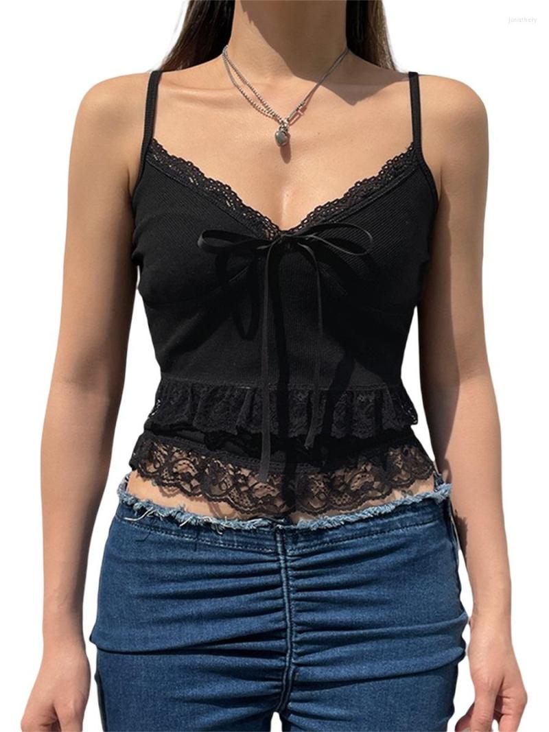 

Women' Tanks Women Y2k Spaghetti Straps Camisole V-neck Lace Patchwork Tie-up Slim Fit Summer Cami Top Low-Cut Tie Up Ctop, Black
