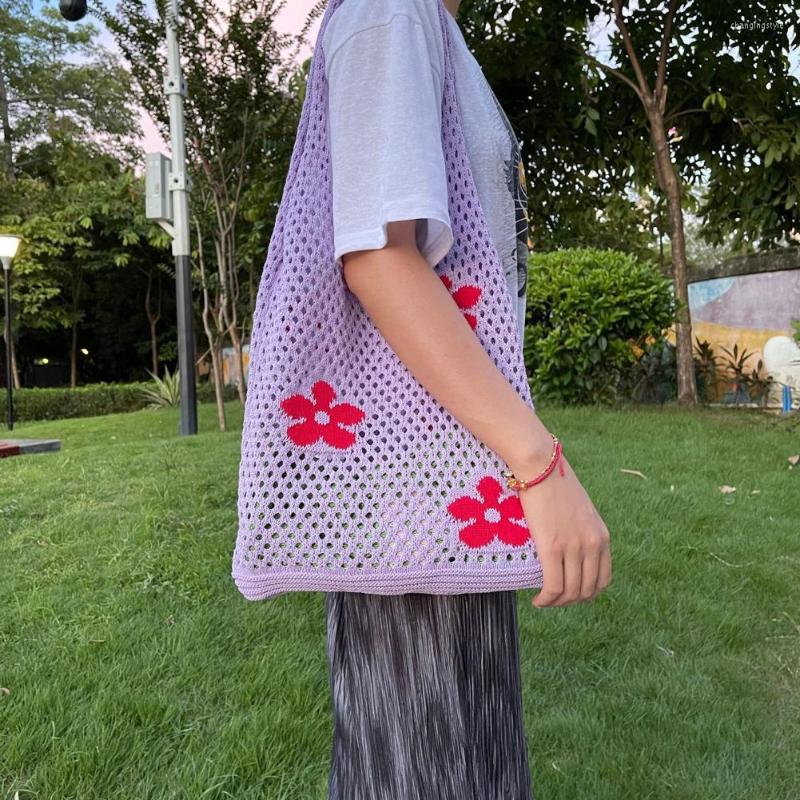 

Shopping Bags Women Shoulder Bag Flower Pattern Crochet Large Capacity Japan Korean Style Hollow Out Knitted Handbag Tote For Outdoor, Orange