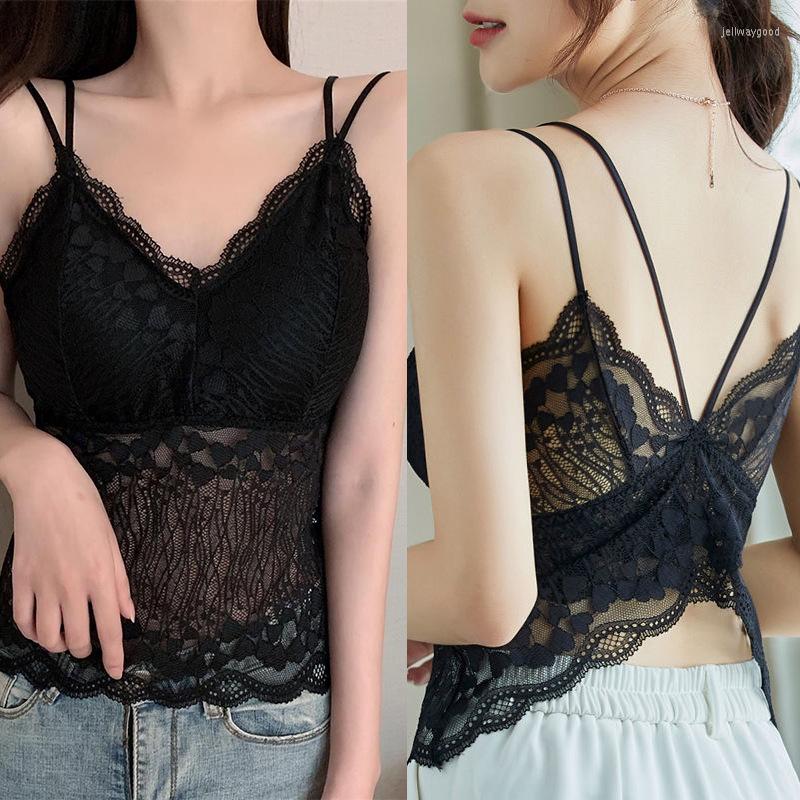 

Camisoles & Tanks Women Lace Embroidery Bralettes Hollow Cross Bow Beauty Back Underwear Sexy Vest Lingerie Female Wireless Bra Padded Tube, Bk