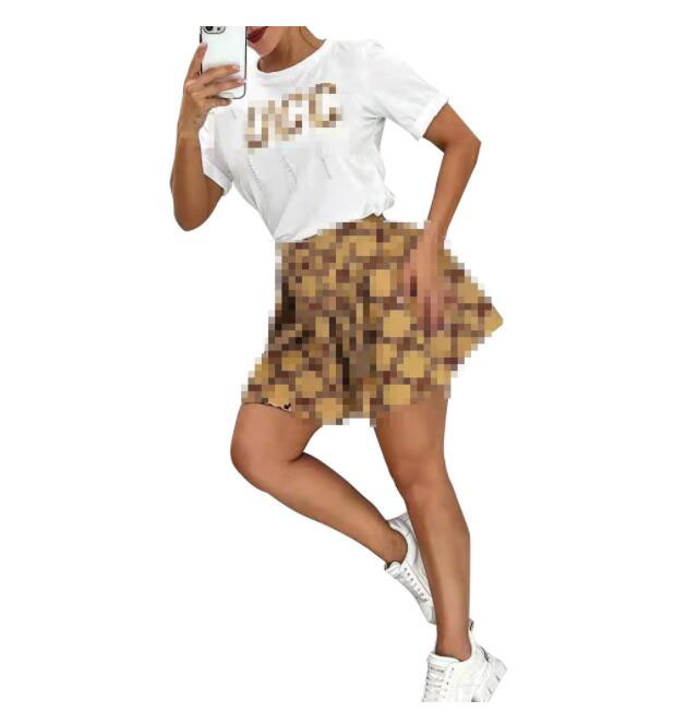 

2023GG New Fashion Casual High Quality Two Piece Luxury Letter Printing T-shirt Temperament Bead Chain Pleated Skirt Set, 02