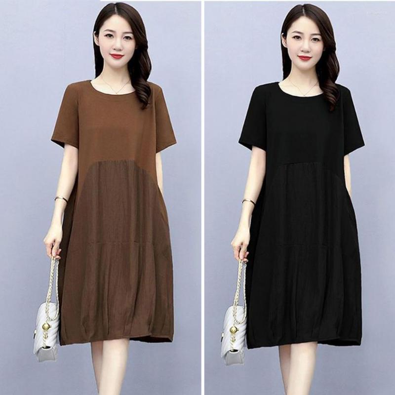 

Casual Dresses 2023 Women Dress Loose-fitting Splicing Color With Pocket Vintage Summer Long For, Black