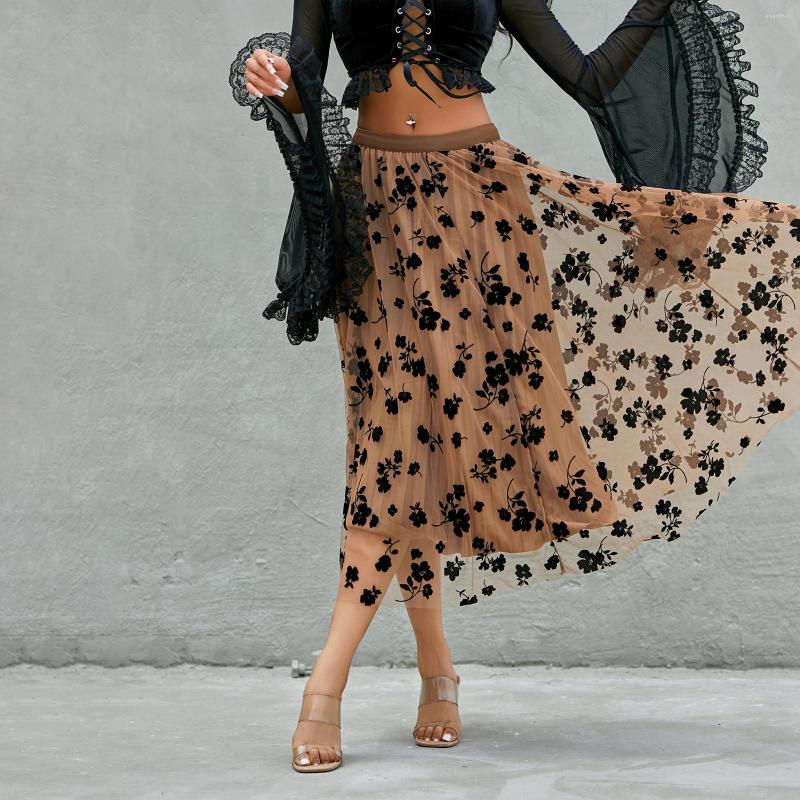 

Skirts Elegant Fashion Floral Mesh Tulle Midi Spring Summer Women' Elastic Waist A-Line Pleated For Party Casual Office, Black