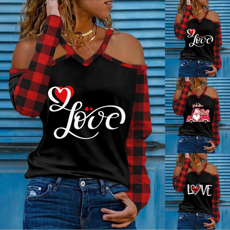

Women's T Shirts Womens Fashion Print V Neck Off Shoulder Long Sleeve Top Oversized Dark Daily High Street Clothing