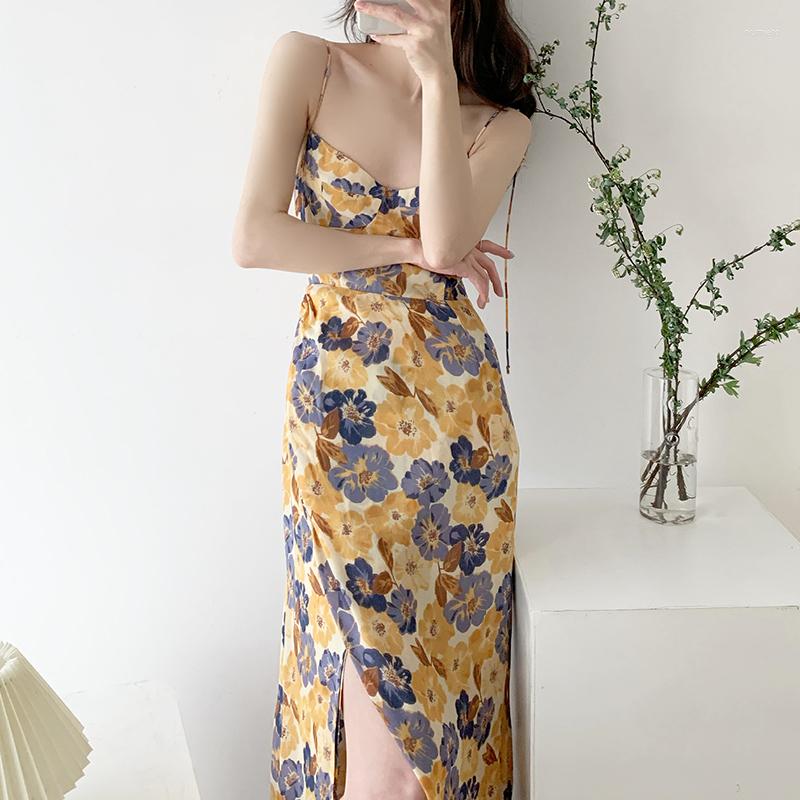 

Casual Dresses Vintage Split Summer Dress For Women Beach Square Collar Sleeveless High Waist Print Floral Sling Boho Female, Yellow