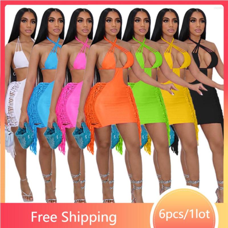 

Casual Dresses 6pcs Wholesale Summer For Women Sexy Tassel Sleeveless Bodycon Bind Y2k Clothes Mini Above Knee Club Wear B8791, Black