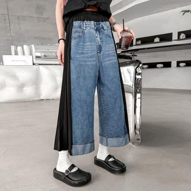 

Women's Jeans Vintage Hong Kong Style Color Contrast Stitching Pressed Pleated Casual Women's Summer Niche Foreign Temperament Loose Str, Black