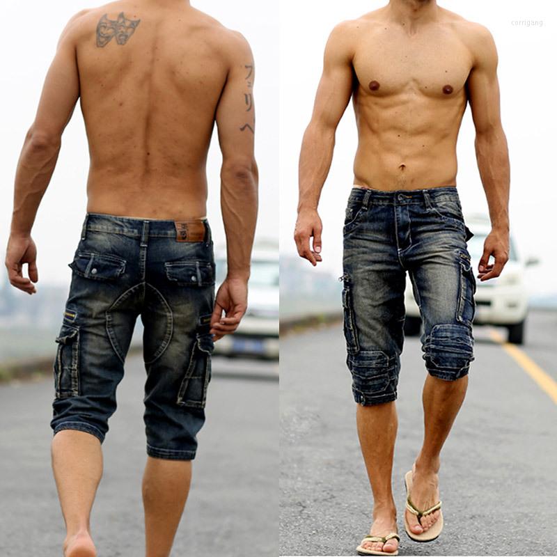 

Men's Jeans Retro Washing Mens Overalls Multi-pocket Casual Denim Cropped Shorts For Men, Dark blue