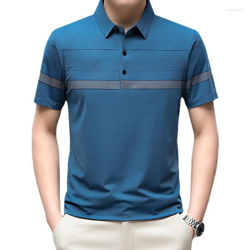 

Men's Polos 2023 Men's Short-sleeved Offset Printed Ice Silk T-shirt Summer Loose Elastic Tee Young Dad Polo Shirt, Light blue