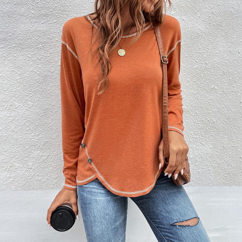 

Women's T Shirts Spring Autumn Tees Solid Color Women T-Shirt Fashion Button Design Tops Female Shirt O-Neck Long Sleeve Streetwear, Dark blue