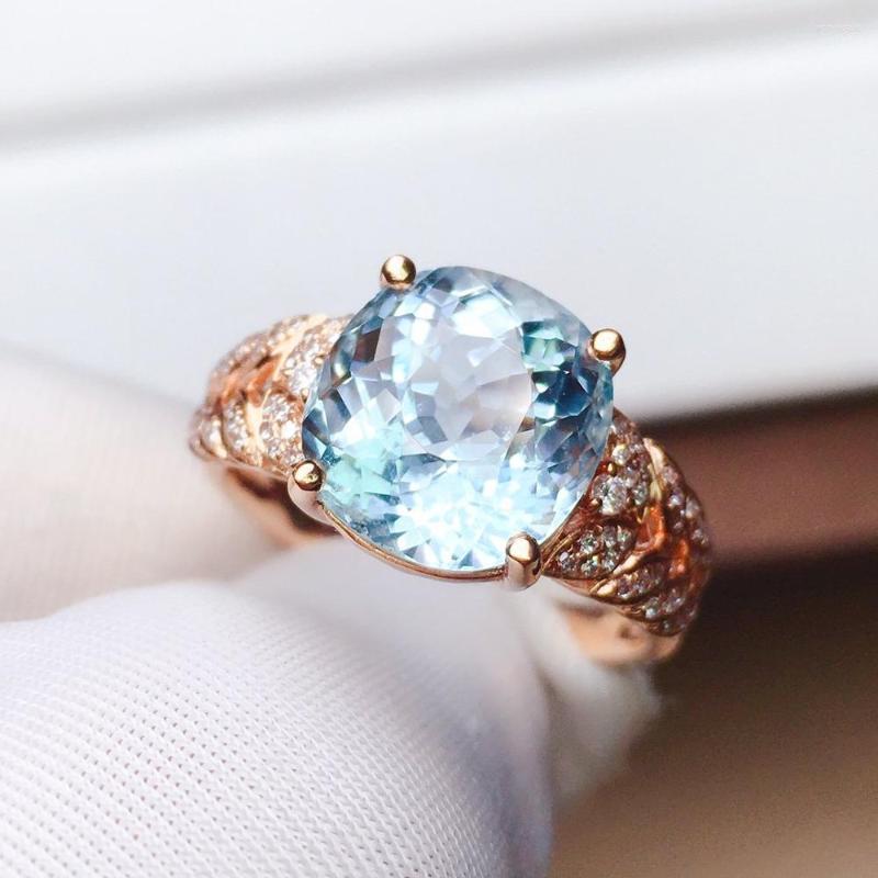 

Cluster Rings Z625 Aquamarine Ring Fine Jewelry Pure 18 K Gold Natural Blue Gemstones 3.5ct