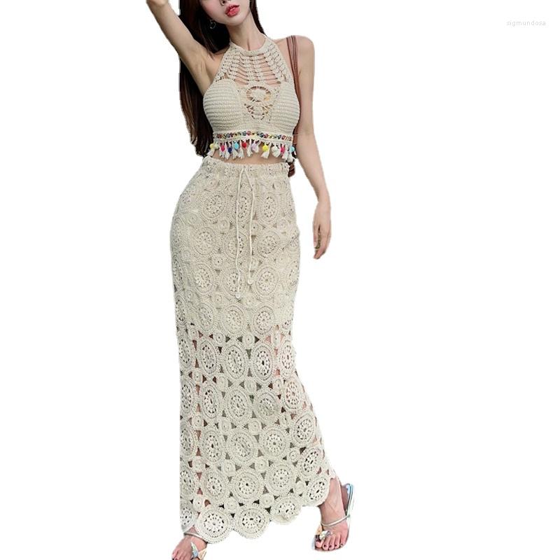 

Skirts Hook Flower Hollow Out Women Long Beach Sets, Beige set