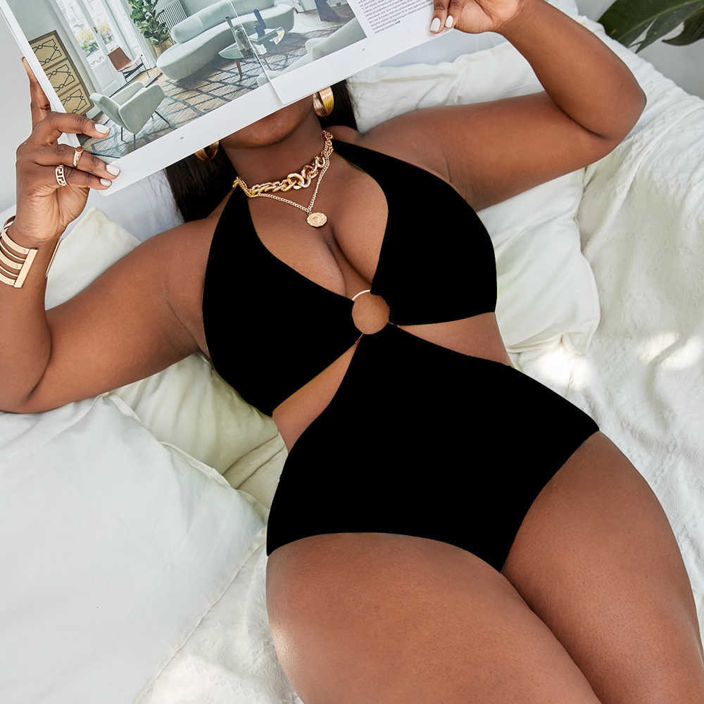 

Women's Plus Size Swimwear Women's Swimsuit 2022 Summer Plus Ring Linked Halter One Piece Bikini Sexy Swimwear Lady Beach Dress Bathing Brazilian Suits Z0508, Black
