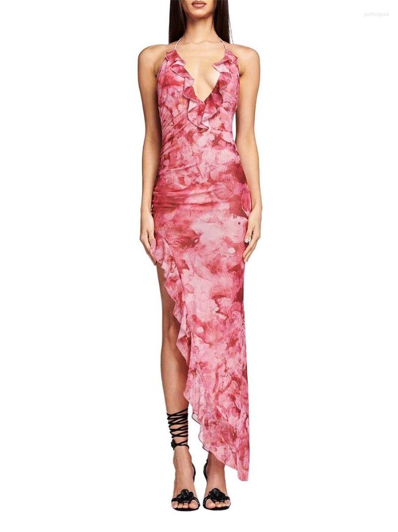 

Casual Dresses Women Sleeveless Halterneck Dress Floral Print Bandage Backless Ruffled Slit Party For Club Streetwear, Pink