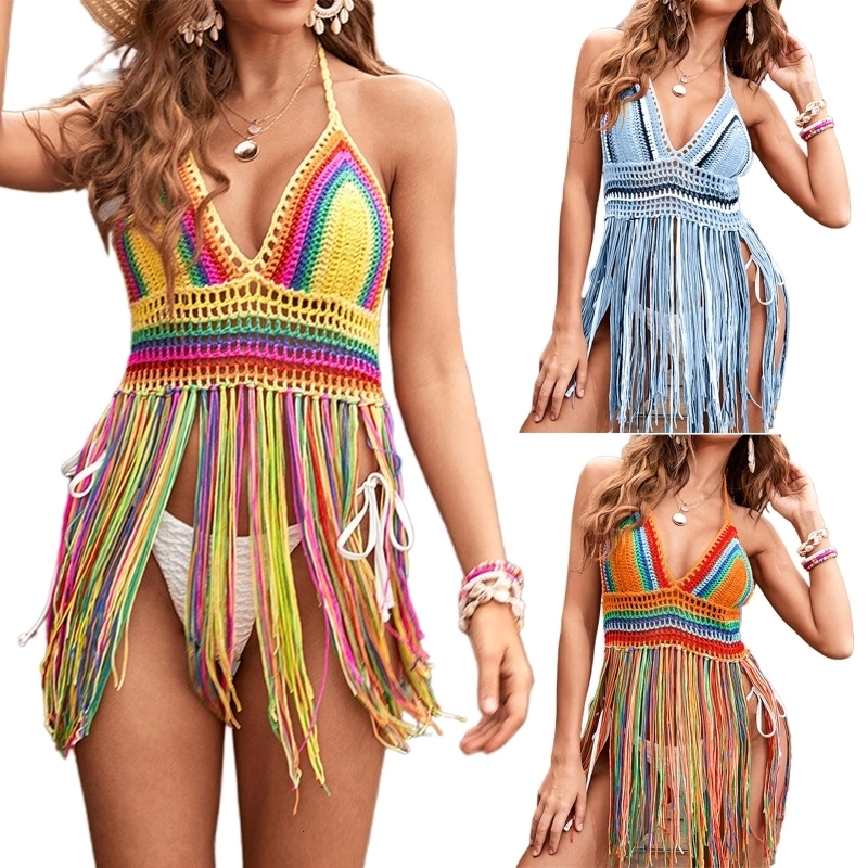 

Camisoles Tanks Women Beach Crochet Halter Top Boho Rainbow Colorful Striped Fringe Tassels Bikini Cover Up Sexy V-Neck Knit Swimwear C63F 230508, Yellow