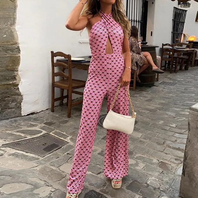 

Women' Two Piece Pants Women' Style 2023 Spring/Summer Elegant Sleeveless Neck Cut Out Print Slim Bodysuit, Pink