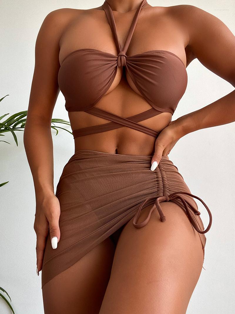 

Women' Swimwear Sexy Halter Bikini Set Bandeau Bikinis With Mesh Skirt 3 Piece Sets Women Swimsuit 2023 Beach Bathing Suit Brown, Red