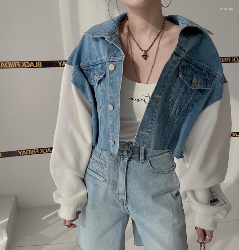 

Women's Jackets Women's Casual Patchwork Denim Jacket Spring Autumn Streetwear Long Sleeve Crop Lady Chic Short Jean Outwear Top, White