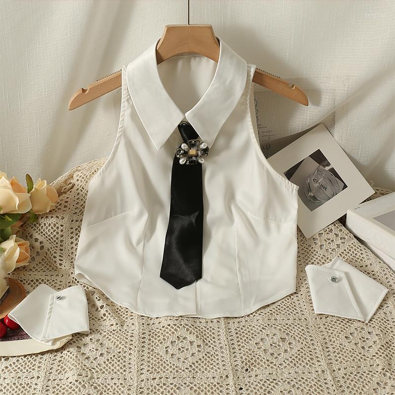 

Women's Tanks Summer Beading Camisole Polo Collar Crop Top Sexy Woman Vest Basic Cami Sleeveless Chic Tank Women White Clothes Drop