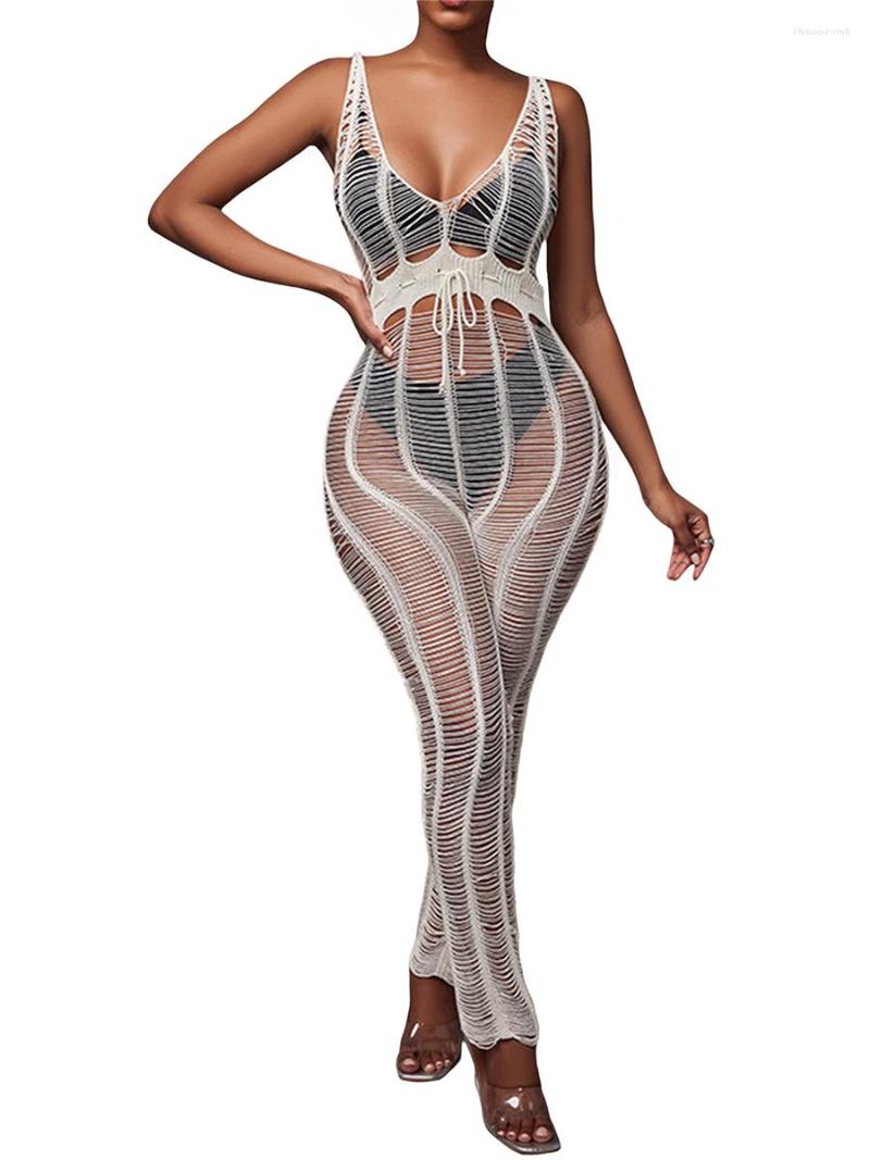 

Women' Swimwear Women Solid Color Hollow-Out Jumpsuits See-Through V-Neck Sleeveless Long Rompers For Bikini Beach Cover-Ups, A-black