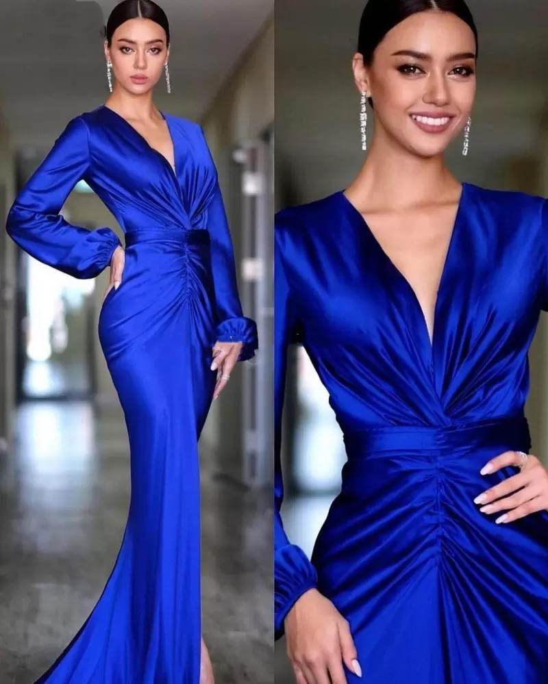 

Simple Long Sleeves Satin Mermaid Evening Dresses Front Split Royal Blue Fitted Special Occasion Dress For Women V-neck Pleats Plus Size Prom Gown 2023, Fuchsia