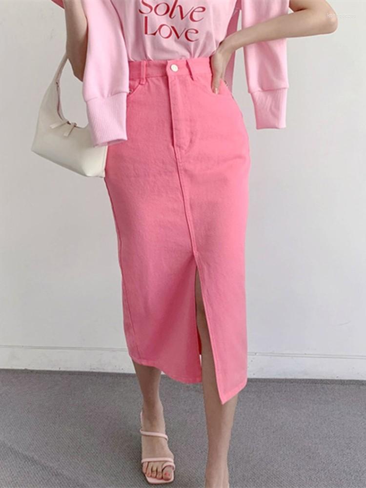 

Skirts GUUZYUVIZ -L Midi Denim Skirt 2023 Korean Fashion High Waist Split Jeans Women Pink OL Ladies Bodycon, Black