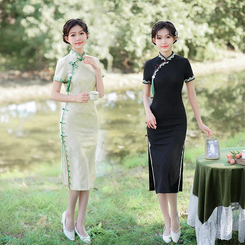 

Ethnic Clothing Elegant Dresses Short Sleeve Qipao Chinese Women National Long High Split Cheongsam Vintage Costume