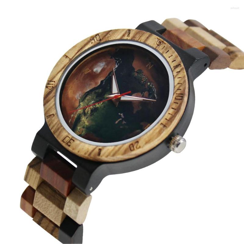 

Wristwatches Starry Sky Dial Planet Design Adjustable Mixed Color Wood Band Man Clock Protect Environment Awe Of Nature Quartz Retro Watches, Earth dial