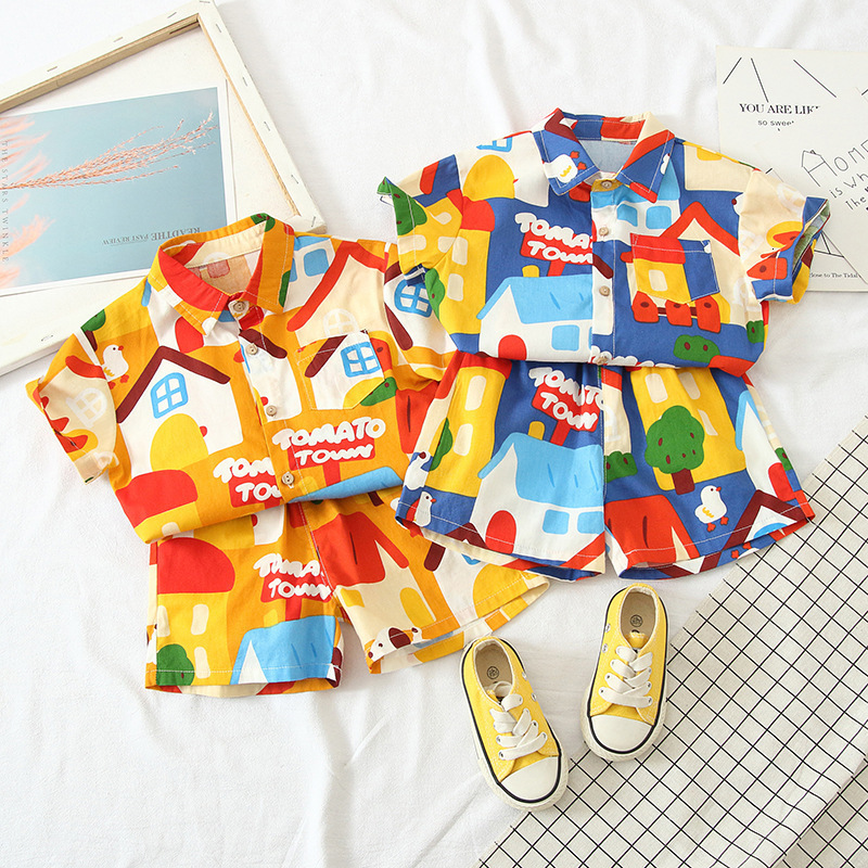 

Sets Suits Summer Boys Clothing Sets Cartoon Fashion House Print Shirt shorts Clothes for Kids Girls Beach Holiday Style Baby Sport Suits 230508, Blue