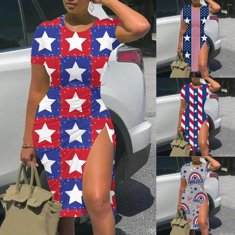 

Casual Dresses Independence Day Women American Flag Patterns Drawstring Slit Slim Dress 4 Of July Floral Pattern, Blue
