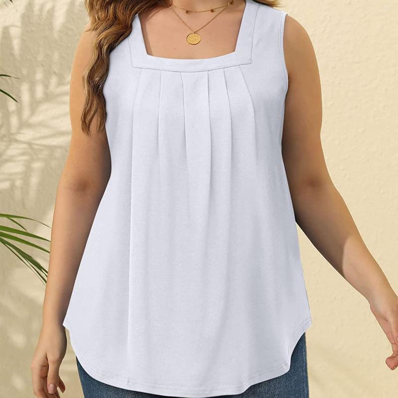 

Women' Tanks Summer Sleeveless Vest Pleated Square Collar Ladies Camisole Top European Temperament Simple Casual Fashion For Weekend, White