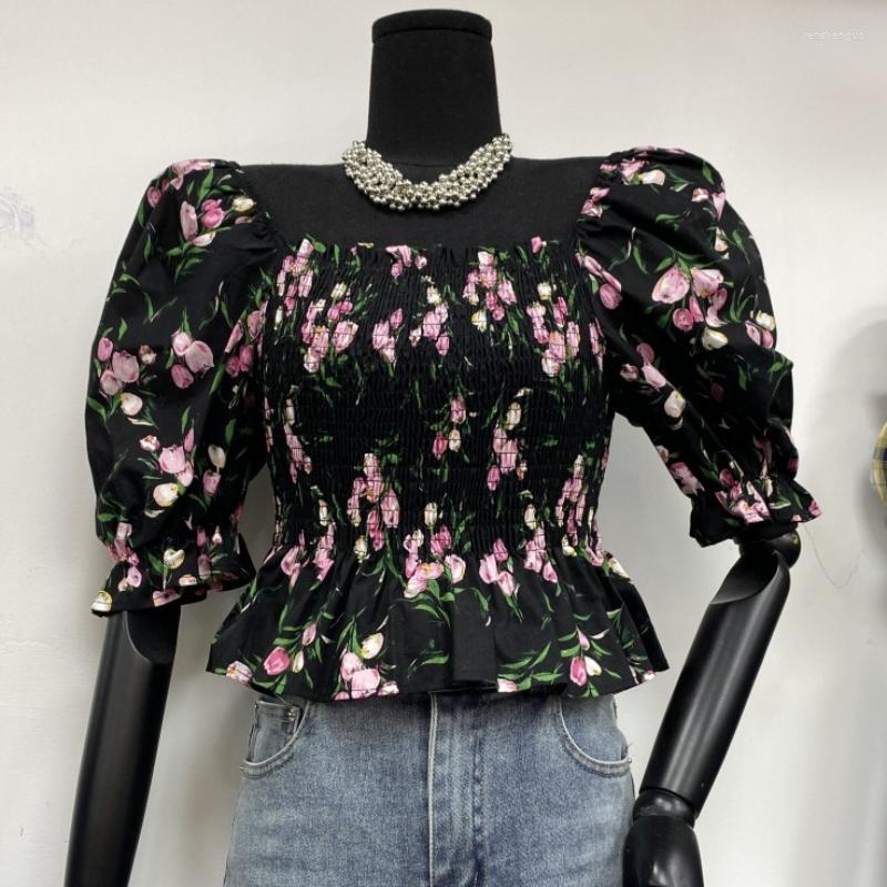 

Women' Blouses French One-shoulder Floral Shirt Female Slim Waist All-match Short Puff Sleeve Blouse Women 2023 Summer Tops Blusas, Black