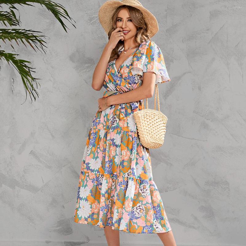 

Party Dresses Summer Print Evening Women's V-Neck Waist Long Lace-Up Short-Sleeved Dress Female Fashion Street Bohemian, Black