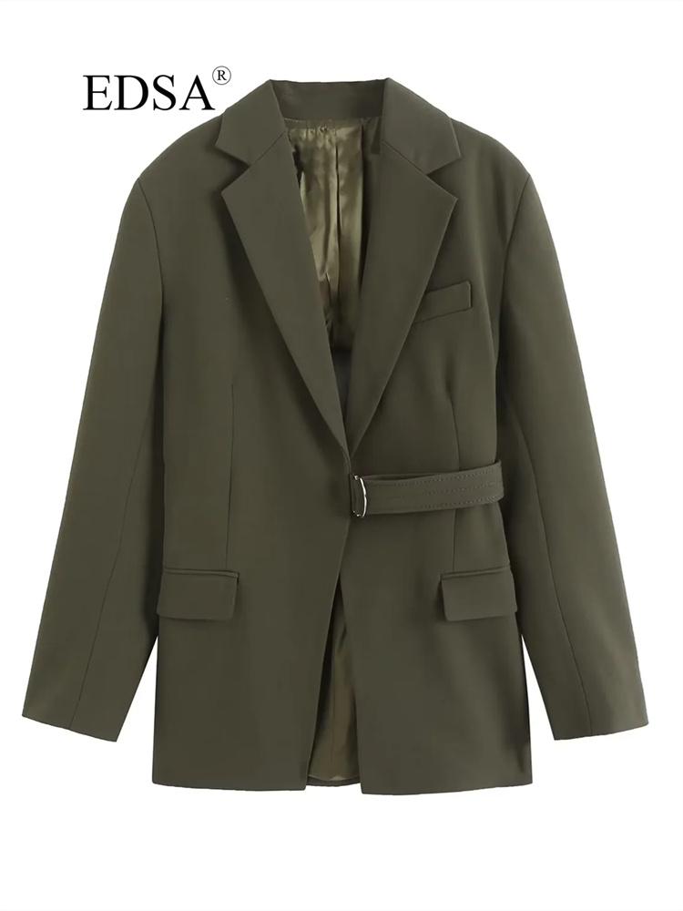 

Pants EDSA Women Fashion Dark Khaki CutOut Blazer With Belt Long Sleeve Flap Pockets Adjustable Metal Buckle For Office Lady Jacket