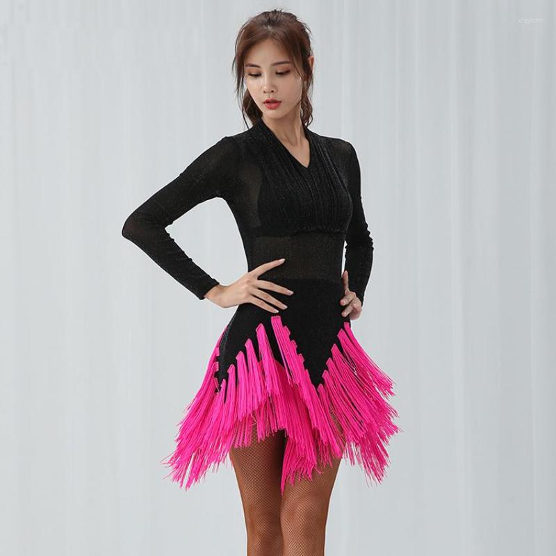 

Stage Wear Fashion Long Sleeve Tassel Sexy Latin Dance One-piece Dress For Women Female Ballroom Tango Costumes Performance, Orange