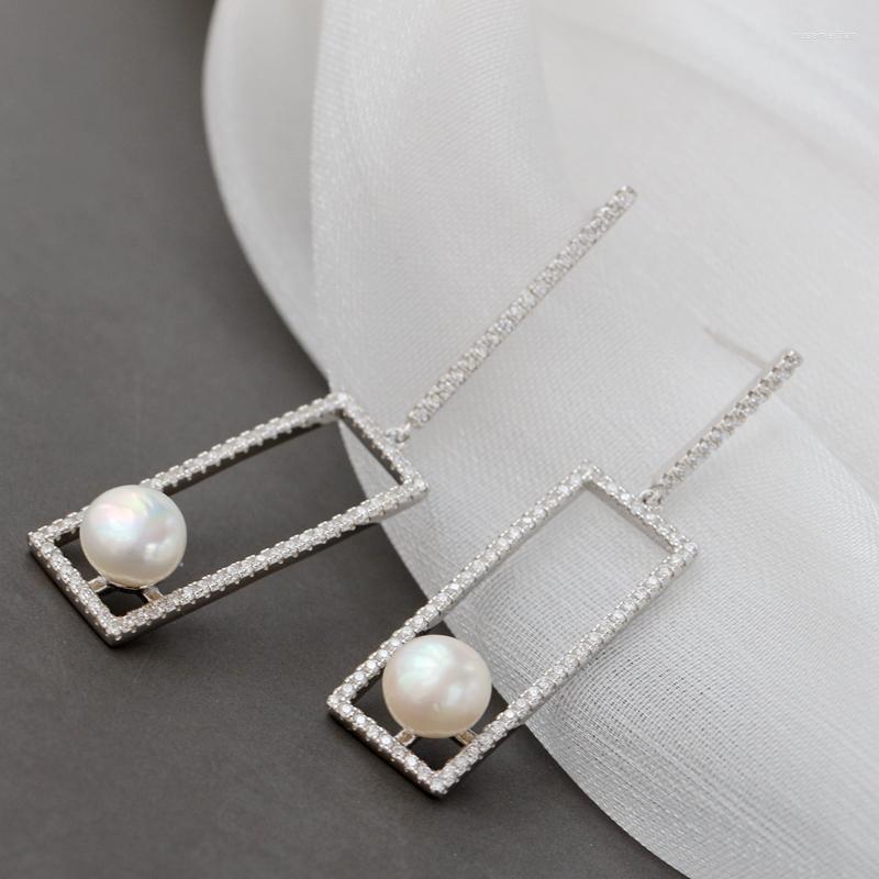 

Dangle Earrings Authentic 925 Sterling Silver Earring Inlaid Natural Pearl Fashion Rectangle Lady Wedding Party Fine Jewelry Gift
